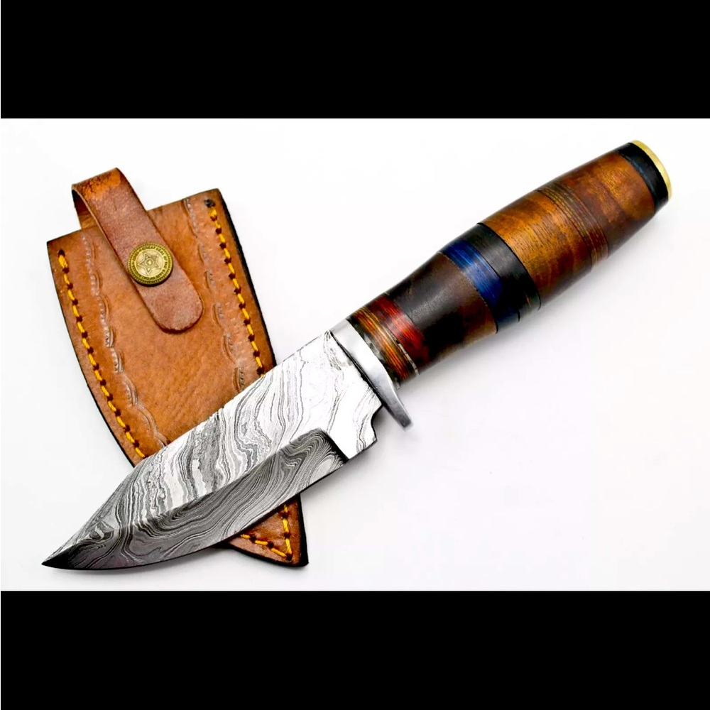 Damascus steel utility knife with stacked wooden handle